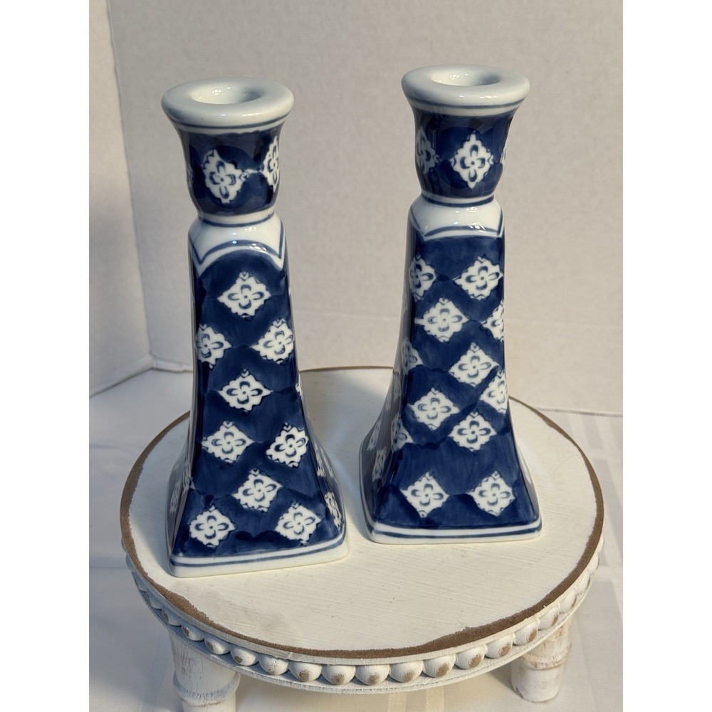 Handcrafted For Silvestri Blue And White Glass Taper Holders 8.25" Tall